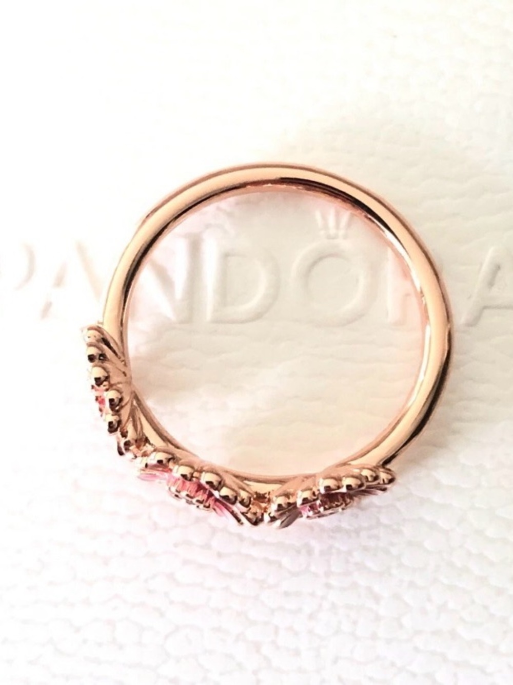 Pandora Rose-Tone Pink Floral Trio Ring NIB Sz 6.5 - Picture 9 of 11